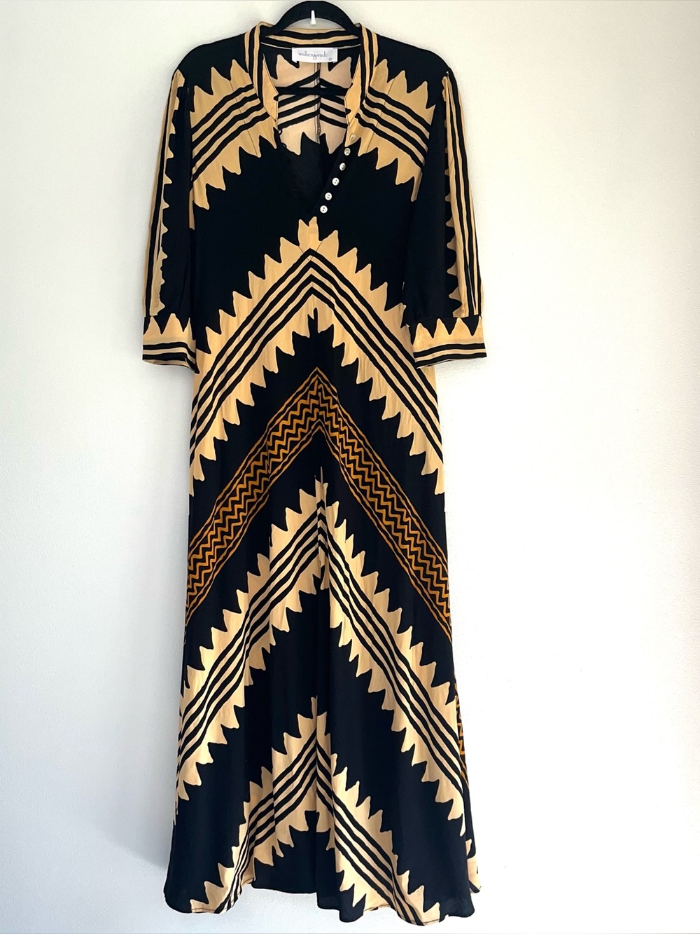 Walker&Wade Daphne Khaki Zig-Zag Maxi Dress EUC Mandarin Collar 3/4 Sleeves LGE